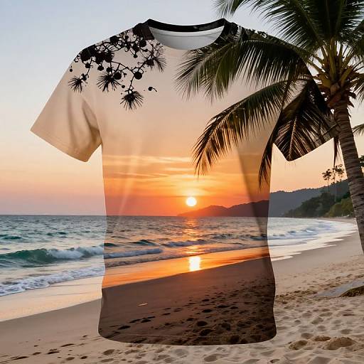 Photograph of a white T-shirt with palm tree and sunset graphic, hanging on a tropical beach at sunset, with ocean waves and palm trees in the
