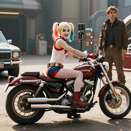 Harley Quinn on Motorcycle in Urban Setting