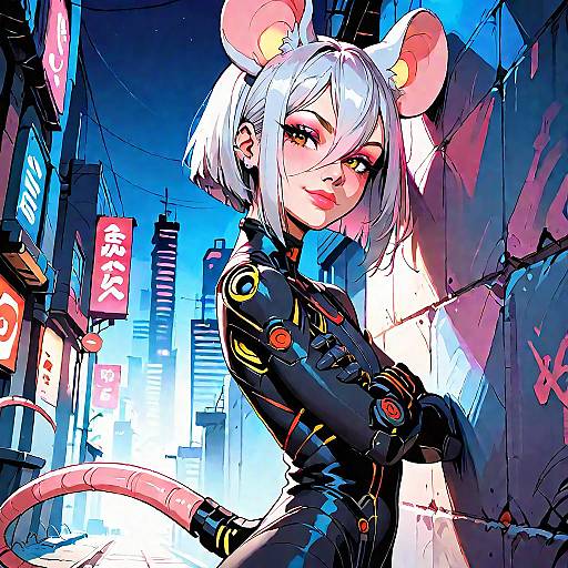 Neon Alley Mouse-Cyborg Close-Up Portrait
