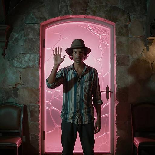 Man in Striped Shirt by Glowing Door