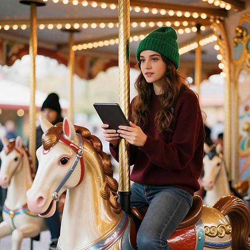 Whimsical Carousel Ride with Young Woman
