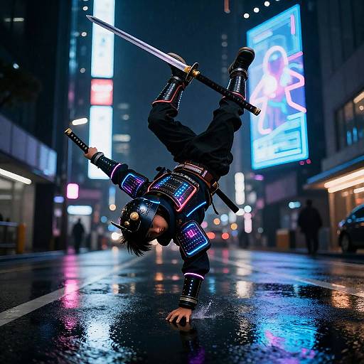 Cyberpunk Samurai Boy Performing Hardflip on Neon City Street
