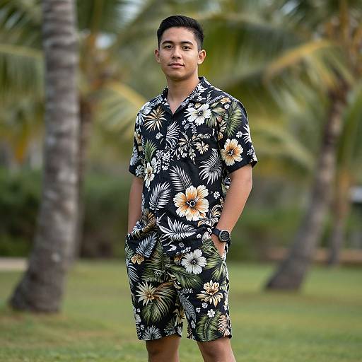 Photograph of a young Asian man with short black hair, wearing a black floral shirt and shorts, standing in a tropical garden with palm trees in the