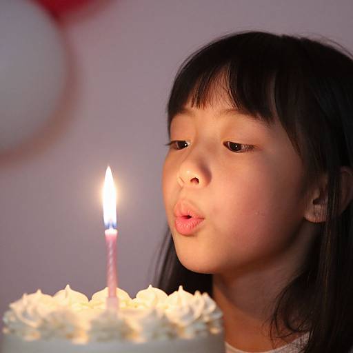 Photograph of a young Asian girl with black hair and bangs, blowing a kiss towards a lit birthday candle on a white frosted cake.