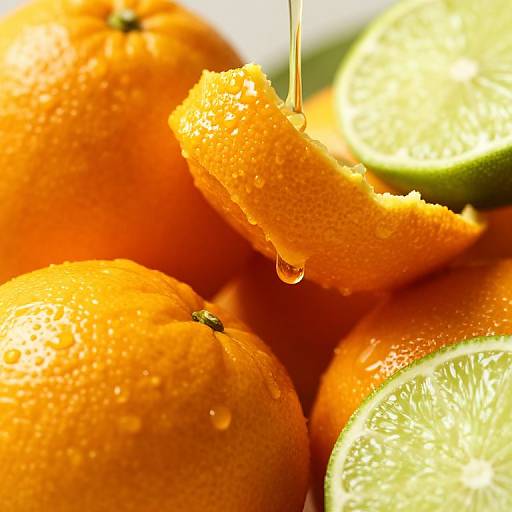 Photograph of bright orange citrus fruits, including whole oranges and lime slices, with water droplets and a lime slice suspended by a dripping water droplet