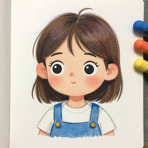 Colorful digital drawing of a cute, brown-haired girl with large eyes, blushing cheeks, wearing a white shirt and blue overalls, surrounded by