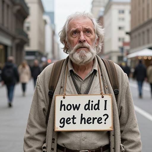 Photograph of an elderly white man with white hair and beard, wearing a beige jacket and suspenders, holding a sign reading 