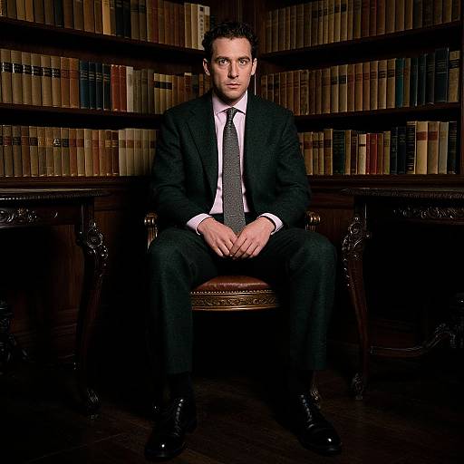 Photograph of a serious, fair-skinned man in a black suit, white shirt, and patterned tie, sitting in an ornate wooden chair