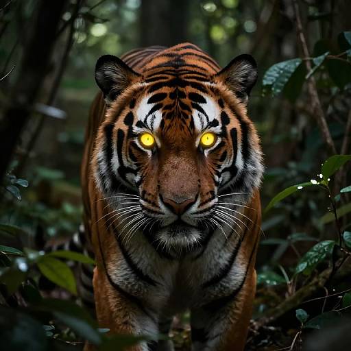 Photograph of a fierce Bengal tiger with glowing yellow eyes, black stripes, and orange fur, standing in a dense, dark forest.