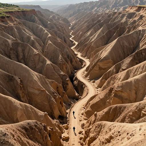 Photograph of a winding, narrow dirt path through a rugged, brown, canyon landscape with steep, rocky cliffs and distant mountains. Two small figures walk