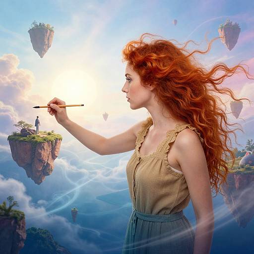 Photograph-like digital art of a red-haired woman in a beige dress, painting floating islands with a brush, against a radiant, cloudy sky.