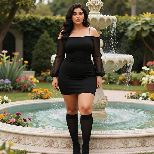 Curvy Woman in Black Dress by Garden Fountain