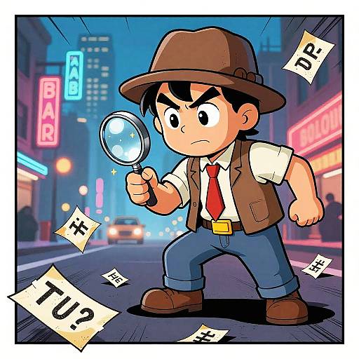 Cartoon detective with brown hat, white shirt, red tie, and blue pants, holds magnifying glass in neon-lit city street. Japanese text