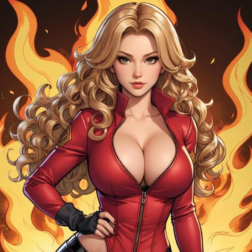 Blonde Woman in Red Outfit with Fire Background