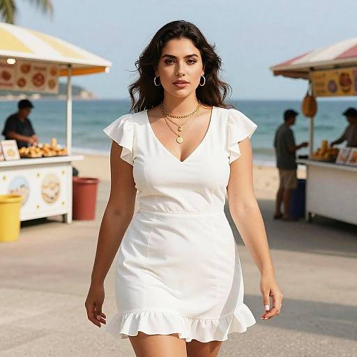 Photograph of a confident woman with long dark hair, wearing a white V-neck dress and gold necklaces, walking on a sunny beach with food stalls