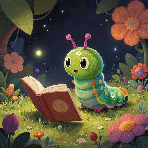 Whimsical Caterpillar Reading in Fantasy Garden