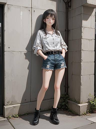 Realistic Woman in Casual Plaid Outfit