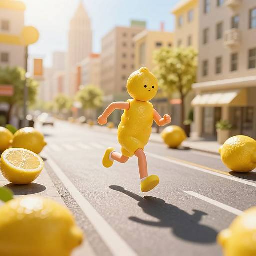 Photorealistic CGI of a yellow lemon-shaped character running on a sunny city street, surrounded by whole and sliced lemons.