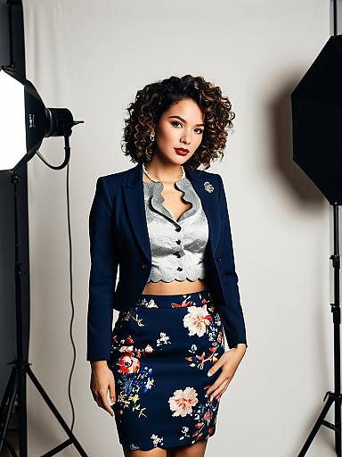 Elegant woman in tailored blazer and floral skirt