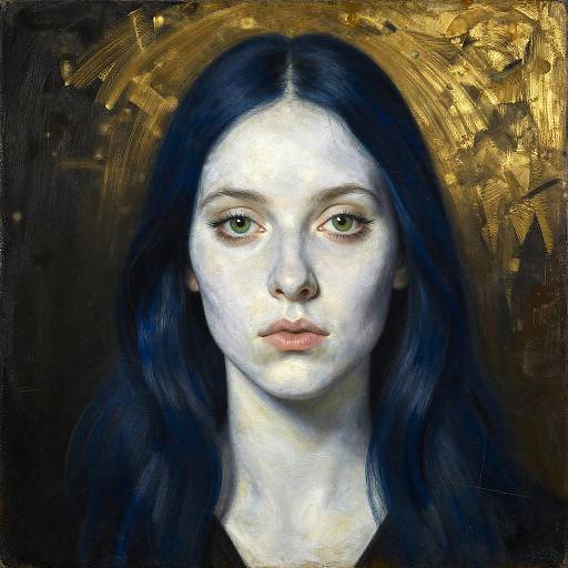 Digital painting of a pale, serene woman with long black hair and green eyes, haloed in gold, set against a dark background.