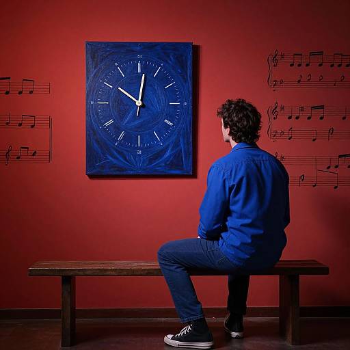 Photograph of a man with curly hair, in blue jacket and jeans, sitting on a wooden bench, facing a blue clock on a red wall with
