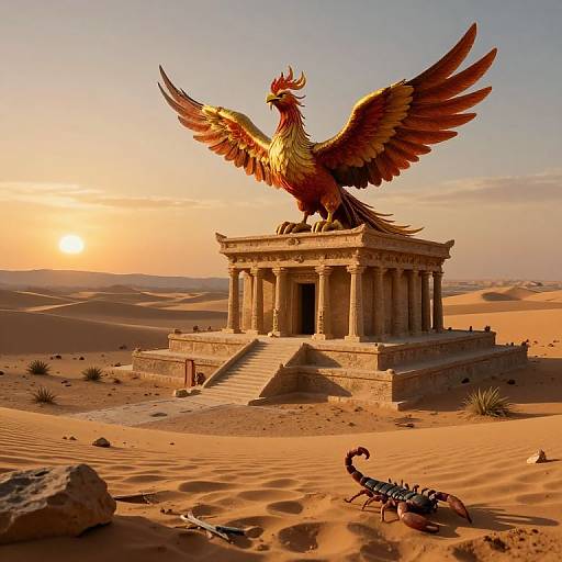 Photorealistic CGI: Golden phoenix with outstretched wings perched on ancient temple in desert at sunset, with a scorpion in foreground.