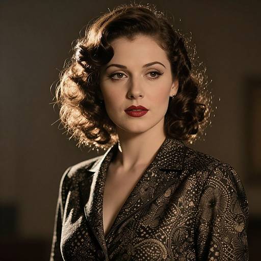 Photograph of a 1940s-style woman with dark, wavy hair, red lipstick, and a black, patterned jacket, illuminated against