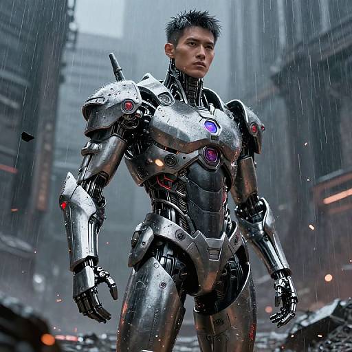 CGI image of a muscular Asian man in a shiny, futuristic, silver and black armored suit with purple accents, standing in a rainy, urban street