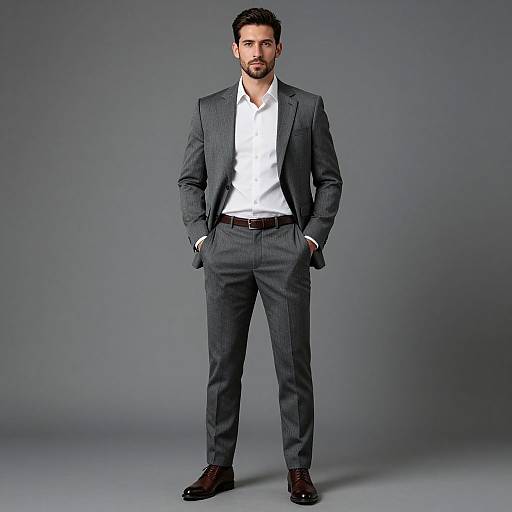 Photograph of a handsome, bearded man in a dark gray pinstripe suit, white shirt, hands in pockets, brown leather shoes, standing