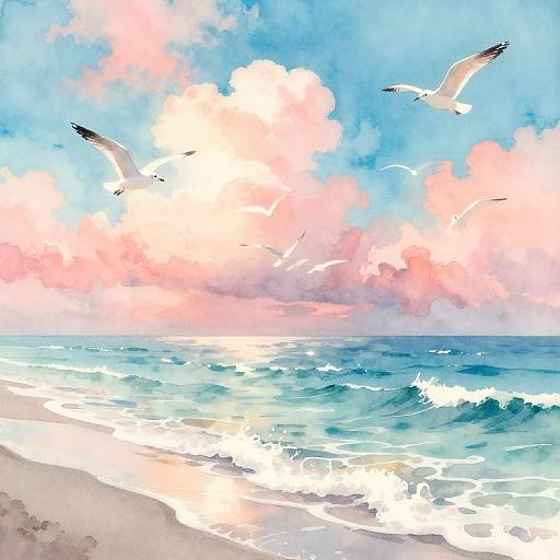 Watercolor-style painting of a beach scene with pink and blue clouds, white seagulls flying, and turquoise waves crashing on the shore.