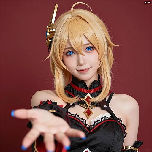 Blonde Cosplayer in Black and Red Costume