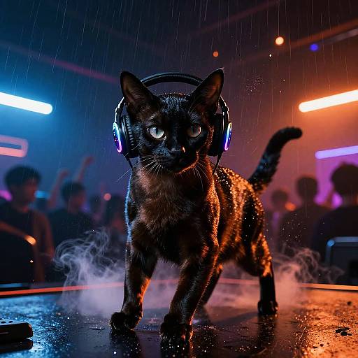 Black Bombay Cat DJ in Neon Nightclub