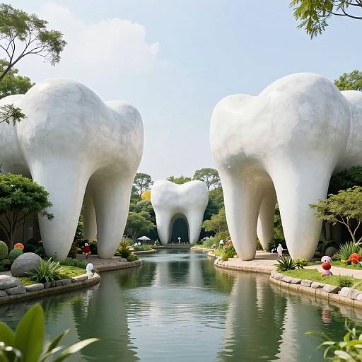 Photograph of futuristic white elephant-shaped buildings flanking a serene, reflective canal, surrounded by lush greenery and small, colorful garden ornaments.