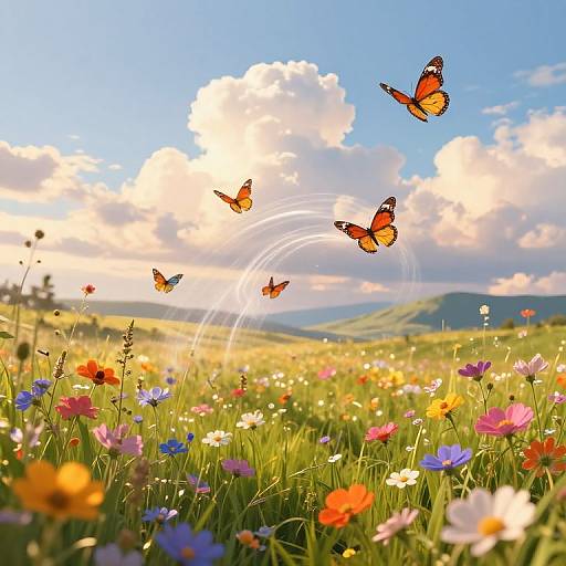 Photograph of a vibrant meadow with colorful wildflowers, three orange and black butterflies flying, and a bright blue sky with fluffy clouds.