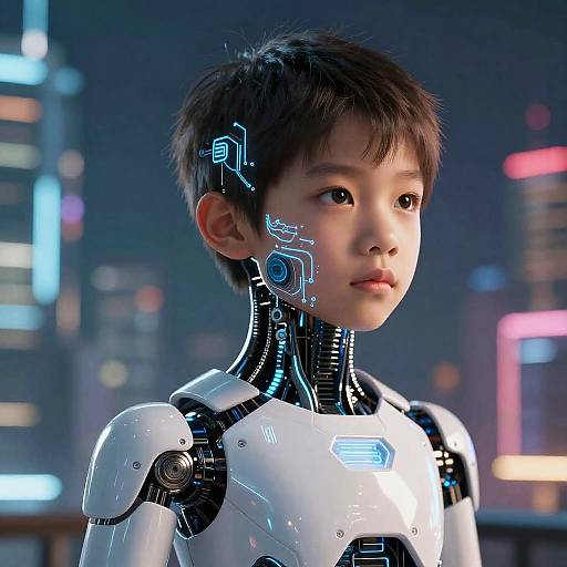 CGI image of an Asian child with cybernetic enhancements, glowing blue circuitry on face and neck, in a futuristic cityscape.