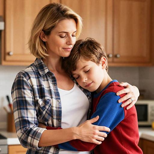 Heartwarming Kitchen Moment: Mother and Son