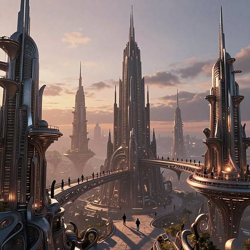 Photorealistic CGI of a futuristic cityscape at sunset, featuring towering, sleek skyscrapers with intricate designs, elevated walkways, and small,
