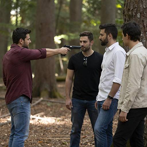 Forest Standoff: Four Men in Sunlight