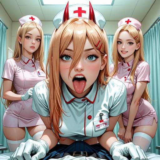 Three Anime Nurse Girls with Horns