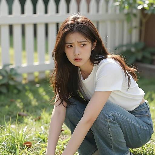 Young Woman in Garden with Intense Expression