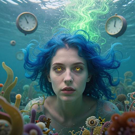 Photorealistic underwater photograph of a pale woman with vibrant blue hair, glowing yellow eyes, surrounded by colorful coral, and floating clocks above.