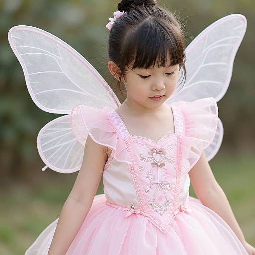 Photograph of an Asian girl with black hair in a bun, wearing a pink and white fairy dress with transparent fairy wings, standing outdoors, looking down