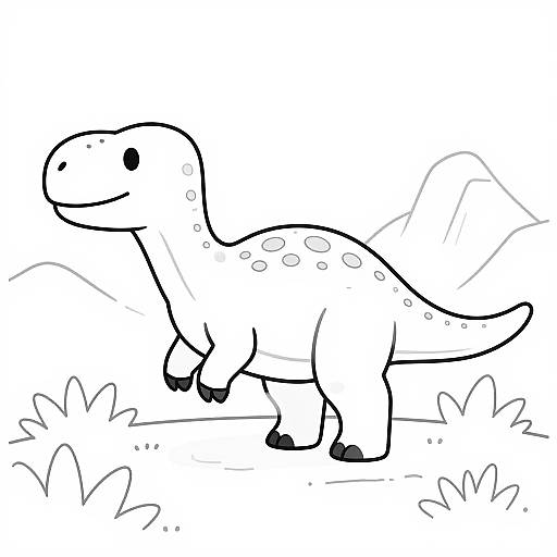 Black and white cartoon drawing of a cute, simple, spotted dinosaur with small black eyes and feet, standing in a grassy landscape.