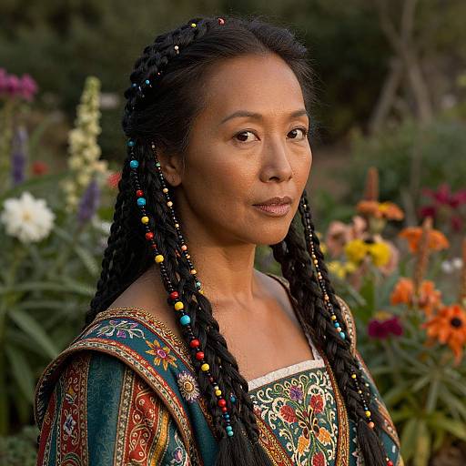 Photograph of an African woman with braided hair adorned with colorful beads, wearing an ornate, multicolored traditional dress, standing in a vibrant