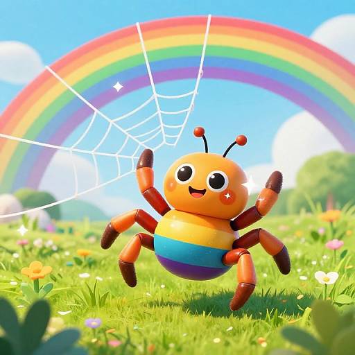 Cute cartoon bee character with rainbow-striped body, antennae, and spider web, jumping in vibrant grassy field under a bright rainbow. Digital illustration