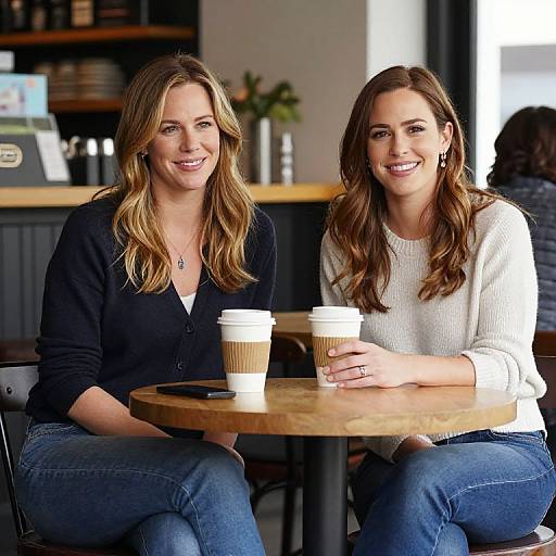 Photograph of two smiling women with long hair, one in a black cardigan and the other in a white sweater, sitting at a wooden table with