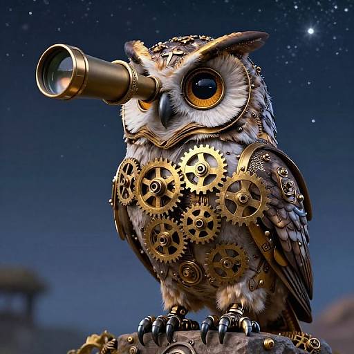Steampunk owl with brass goggles, gears, and clockwork features, perched on a rock under a starry night sky. Digital art.