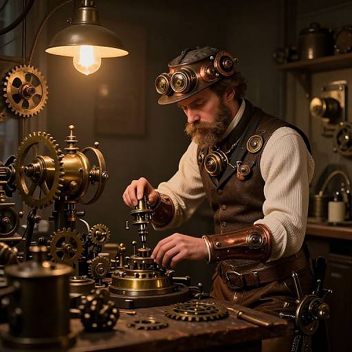 Steampunk inventor with goggles and copper arm braces adjusts intricate brass gears under warm lamp in dimly lit workshop. Photorealistic CGI.