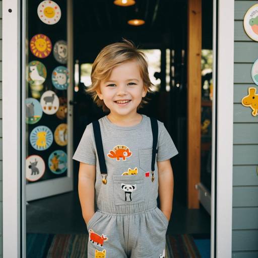 Smiling Toddler Boy in Gray Romper