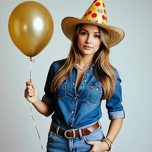 Woman in Denim Birthday Outfit with Balloon